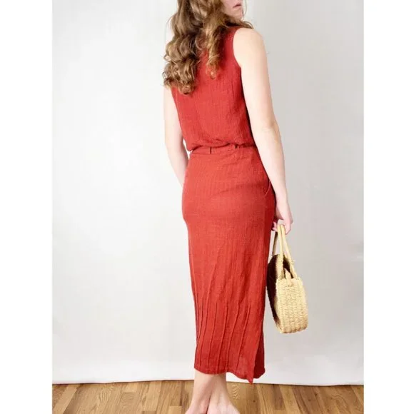 Vintage Linen Matching Skirt Set Midi Maxi Tank Top Tunic Blouse Pleats Bohemian - Picture 3 of 6